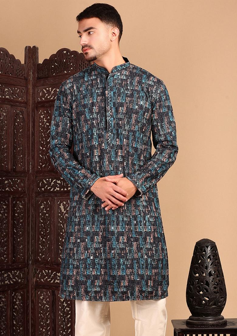 Firozi Blue Embroidered Cotton Kurta For Men