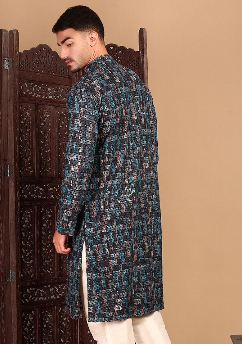 Firozi Blue Embroidered Cotton Kurta For Men