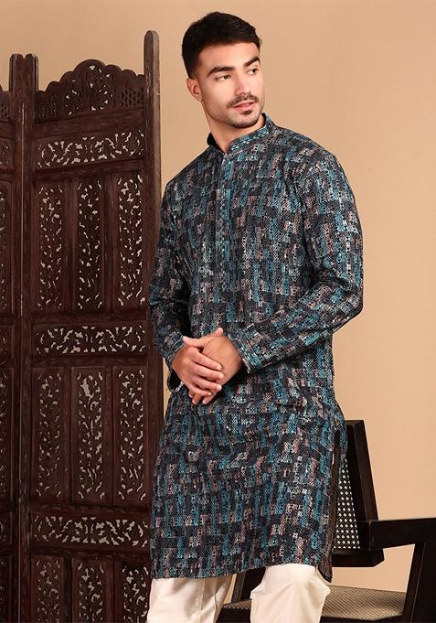 Firozi Blue Embroidered Cotton Kurta For Men