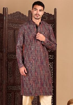 Orange Embroidered Cotton Kurta For Men