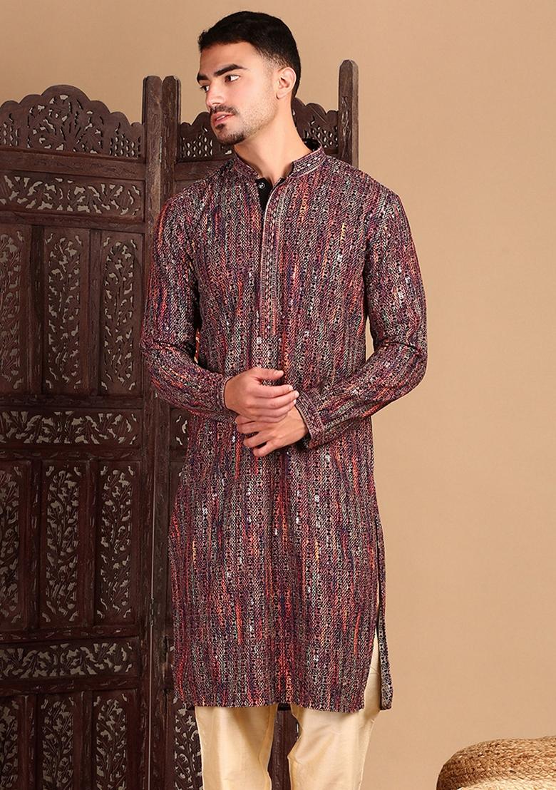 Orange Embroidered Cotton Kurta For Men