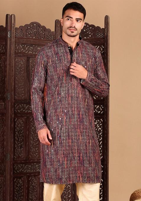 Orange Embroidered Cotton Kurta For Men