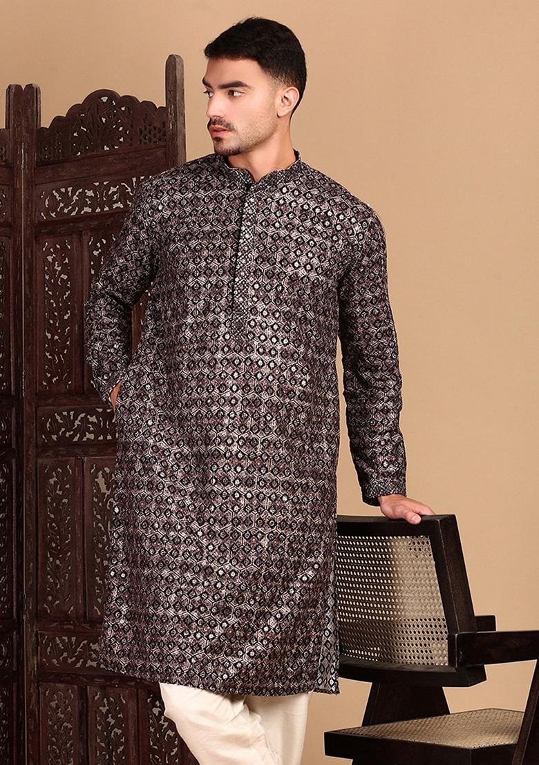 Black Embroidered Cotton Kurta For Men