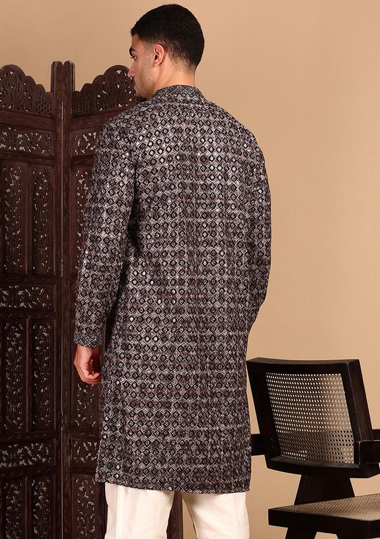 Black Embroidered Cotton Kurta For Men