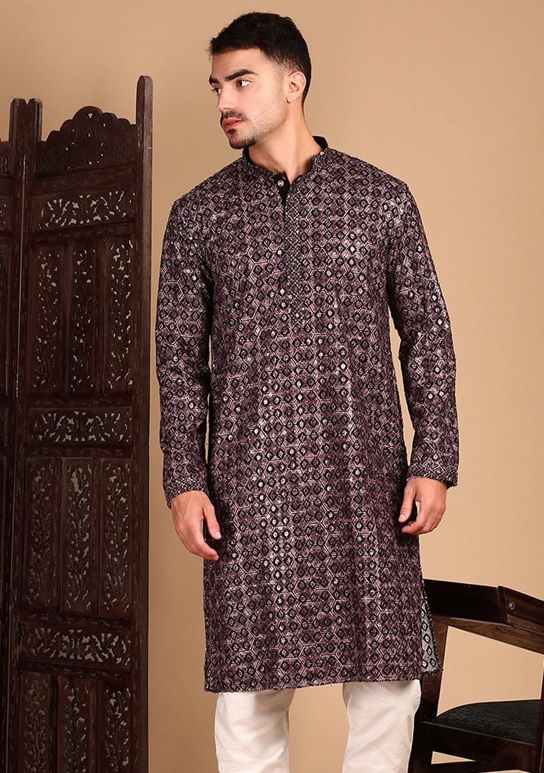 Rust Brown Embroidered Cotton Kurta For Men