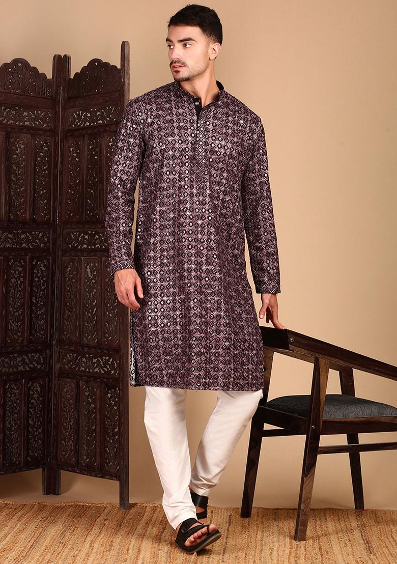 Rust Brown Embroidered Cotton Kurta For Men