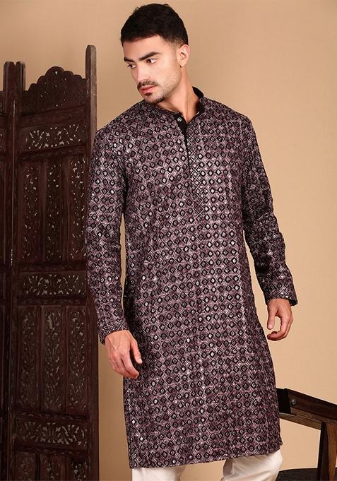 Rust Brown Embroidered Cotton Kurta For Men