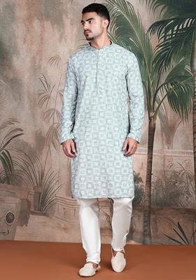 Grey Embroidered Rayon Kurta For Men