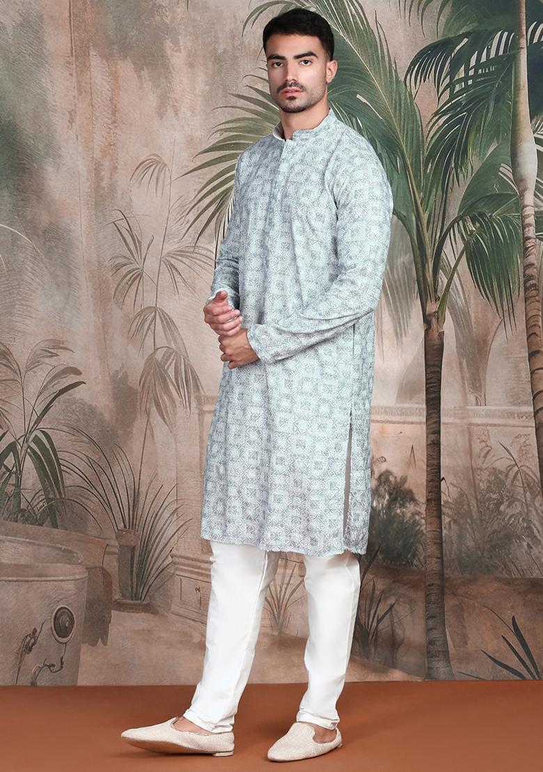 Grey Embroidered Rayon Kurta For Men