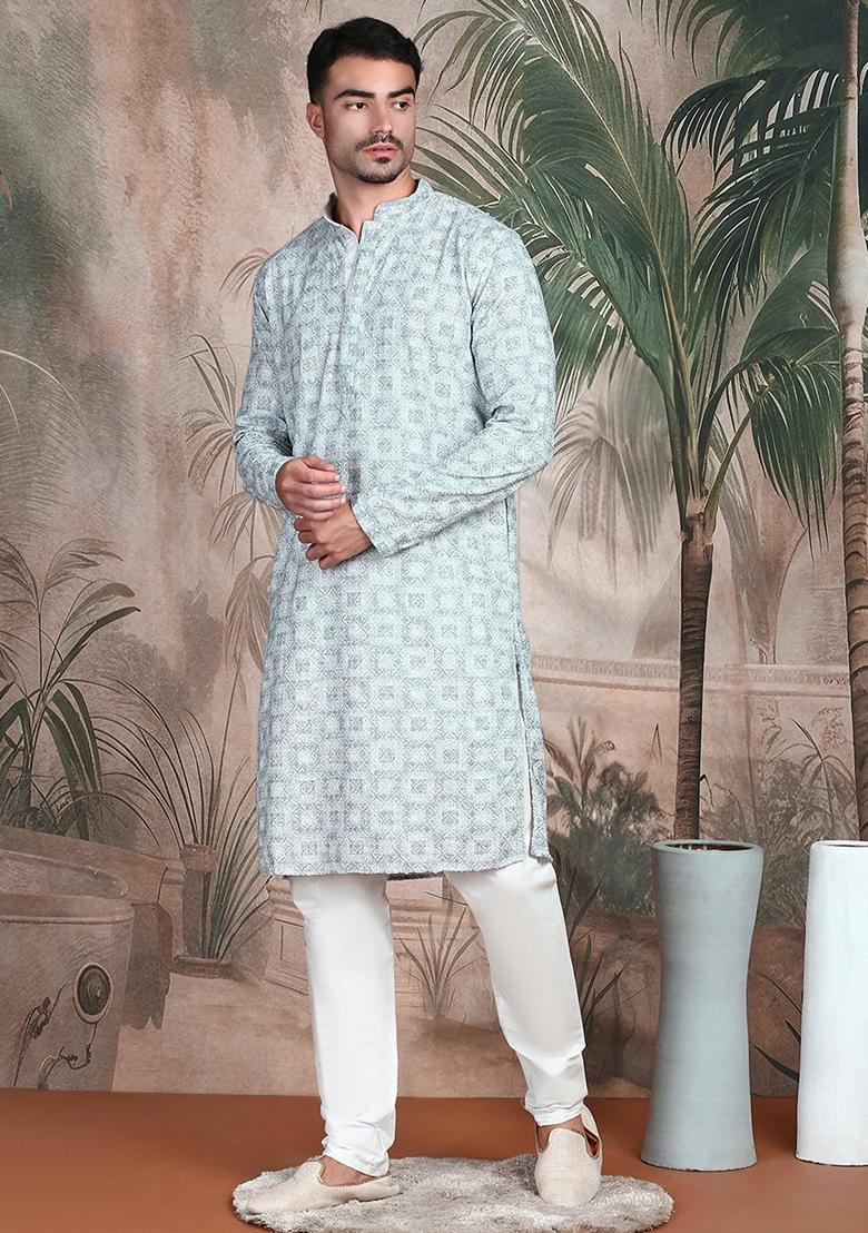Grey Embroidered Rayon Kurta For Men