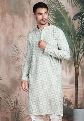 Light Green Embroidered Rayon Kurta For Men