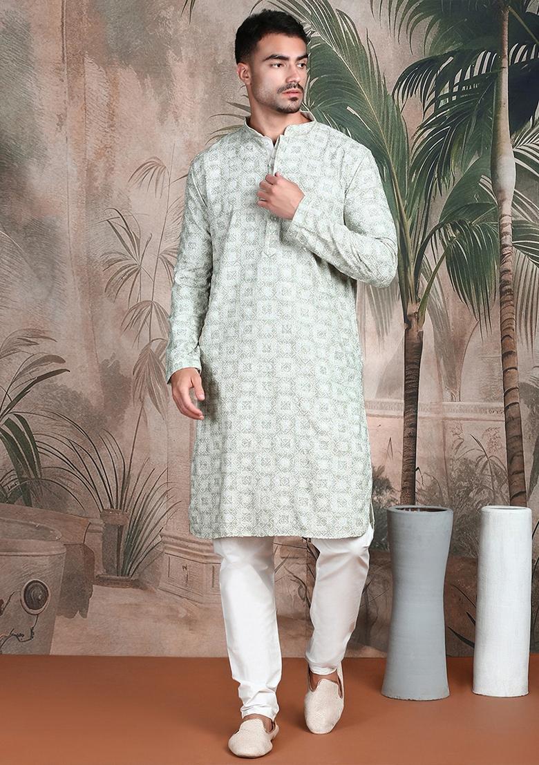 Light Green Embroidered Rayon Kurta For Men