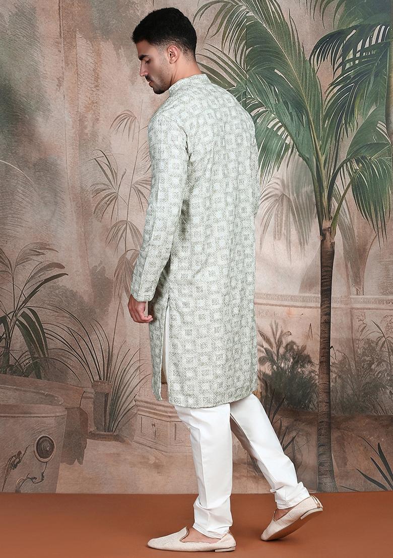 Light Green Embroidered Rayon Kurta For Men