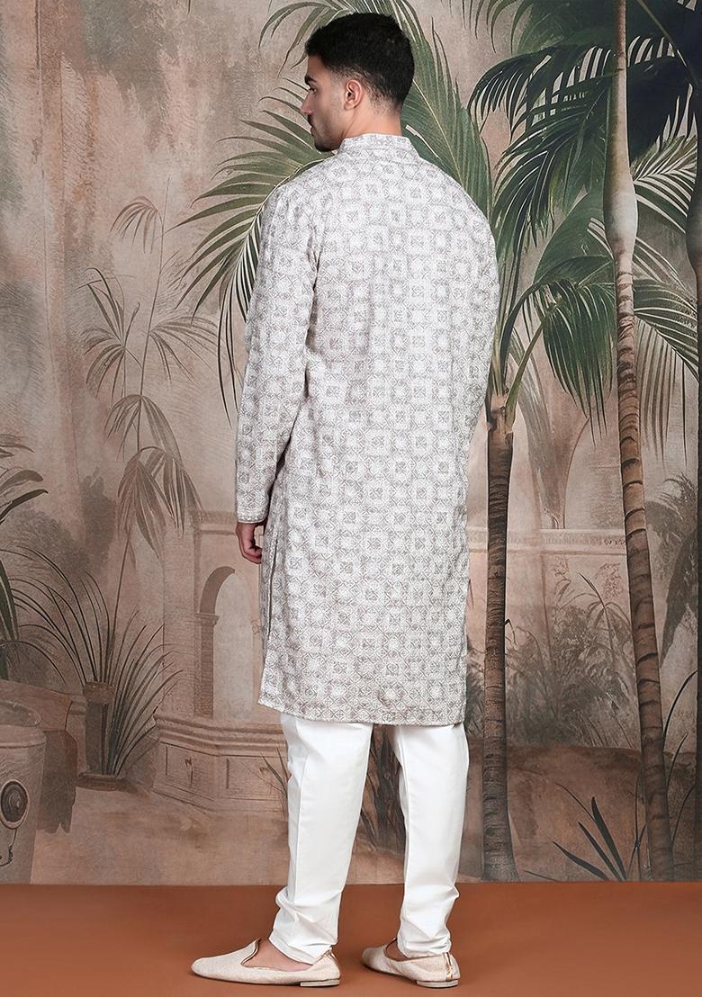 Mauve Embroidered Rayon Kurta For Men