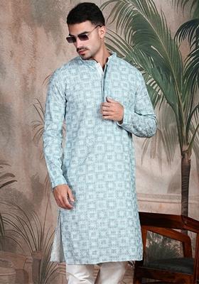 Sky Blue Embroidered Rayon Kurta For Men