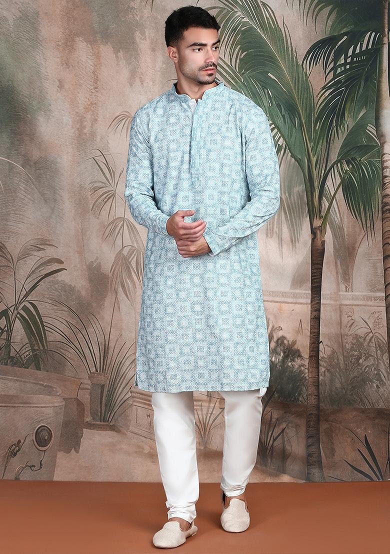 Sky Blue Embroidered Rayon Kurta For Men