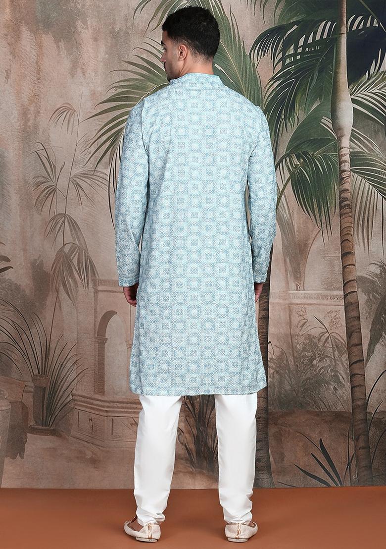 Sky Blue Embroidered Rayon Kurta For Men