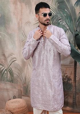 Purple Embroidered Rayon Kurta For Men