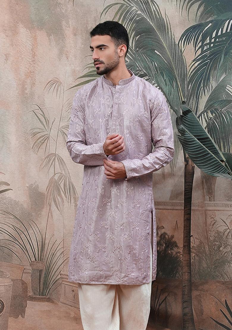 Purple Embroidered Rayon Kurta For Men