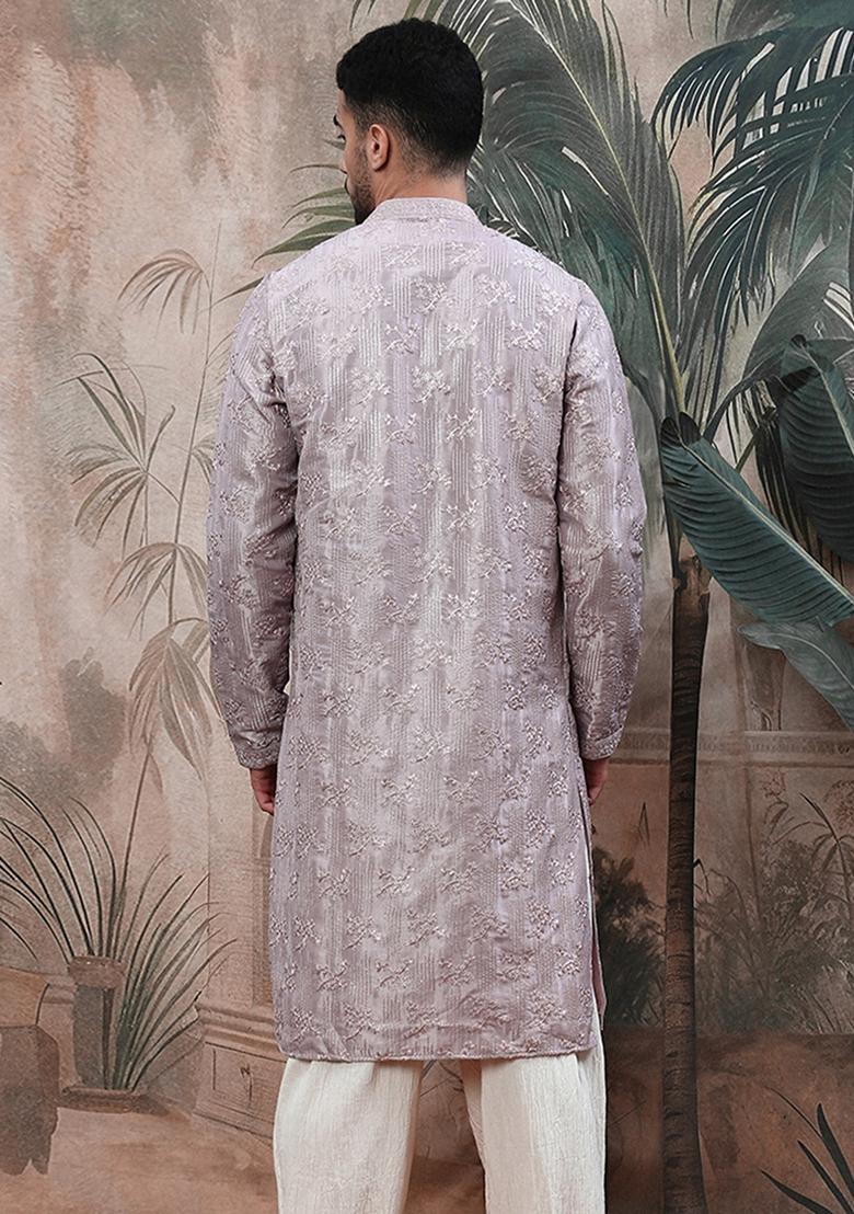 Purple Embroidered Rayon Kurta For Men