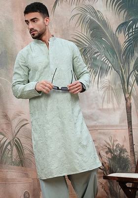 Steel Green Embroidered Rayon Kurta For Men