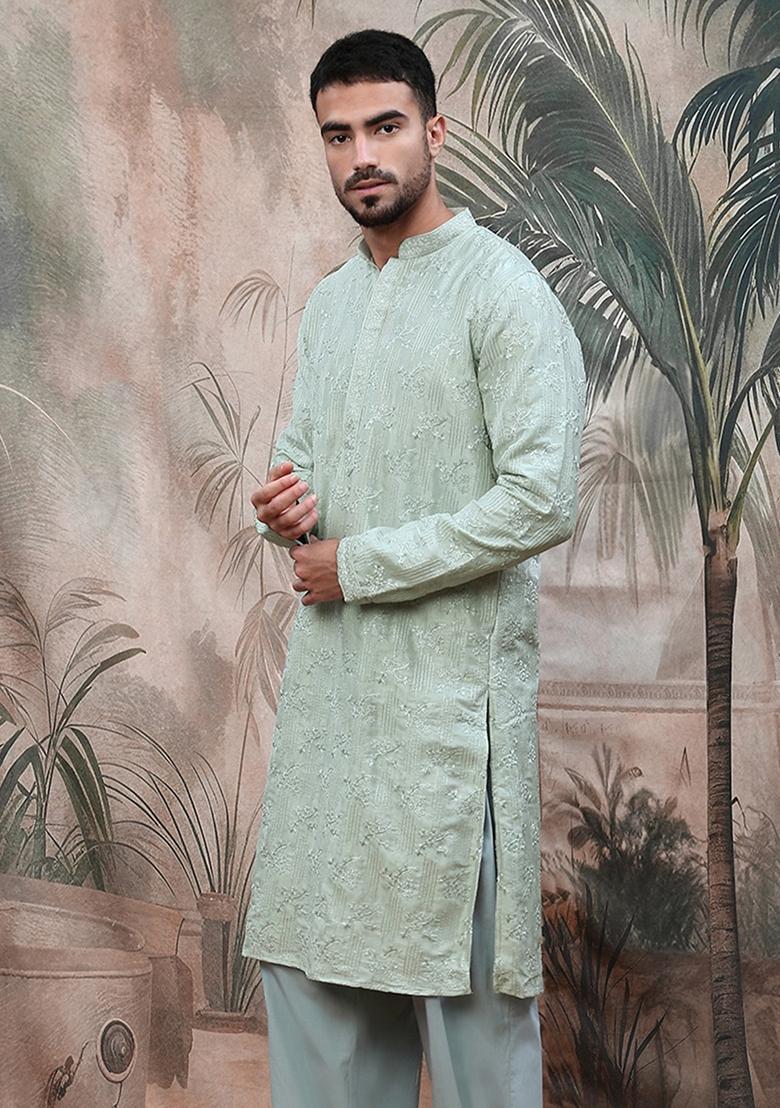 Steel Green Embroidered Rayon Kurta For Men