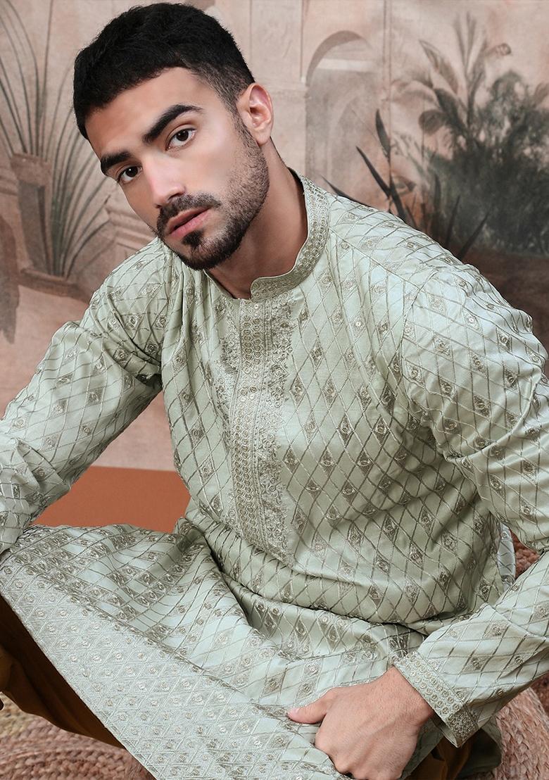 Steel Grey Embroidered Polyester Kurta For Men