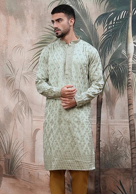 Steel Grey Embroidered Polyester Kurta For Men