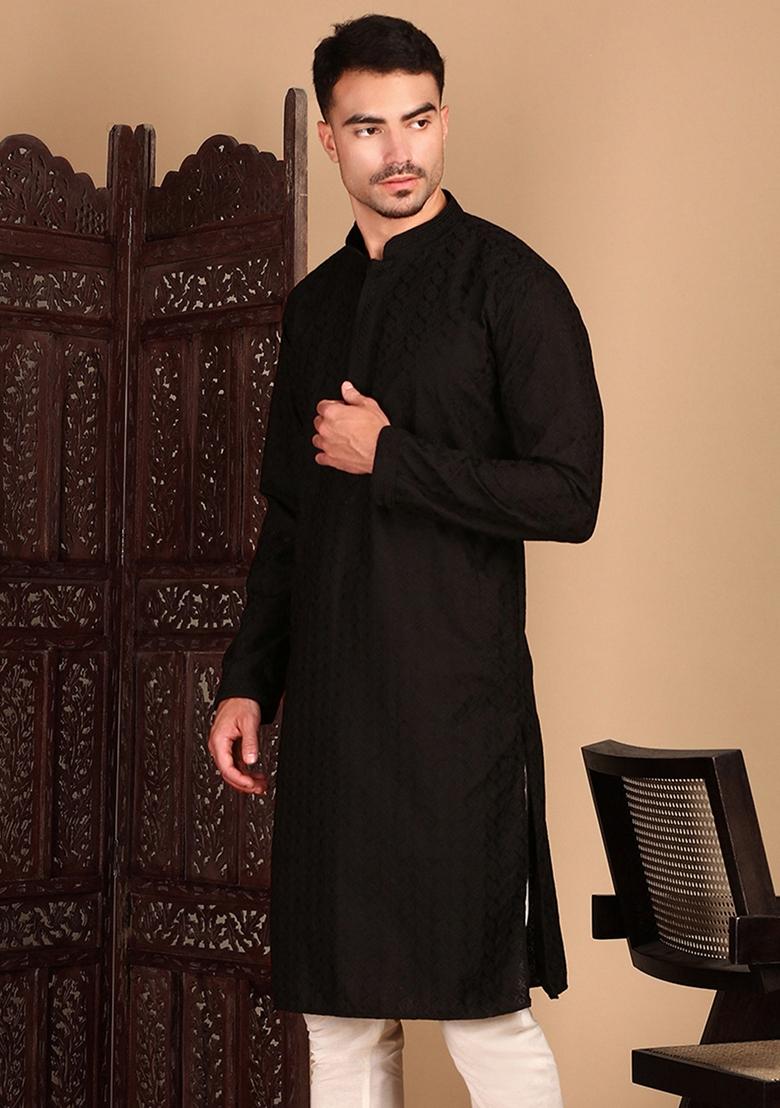 Black Chikankari Rayon Kurta For Men