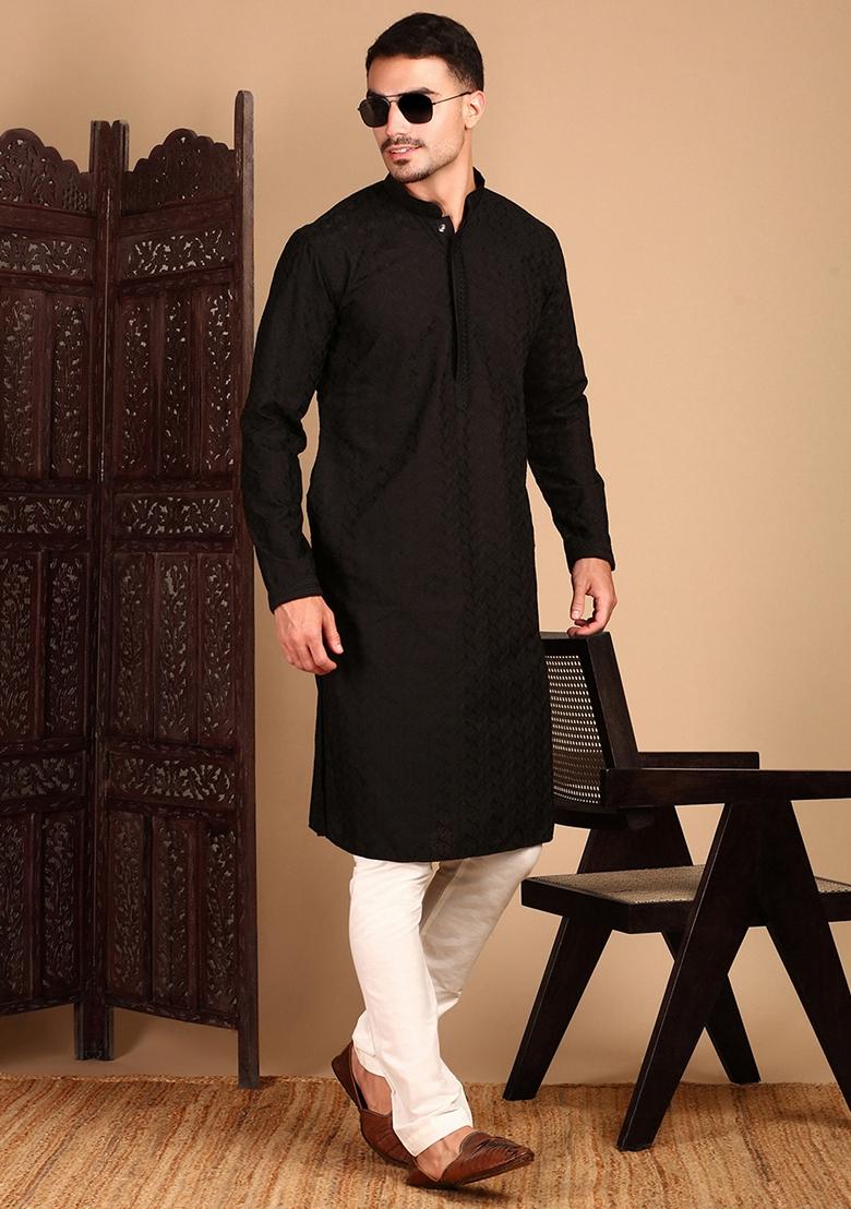 Black Chikankari Rayon Kurta For Men