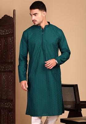 Firozi Blue Chikankari Rayon Kurta For Men