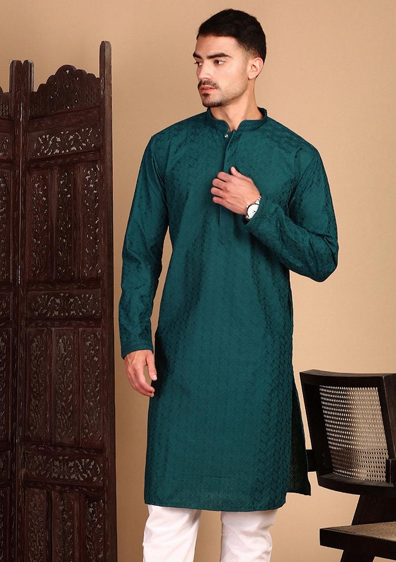 Firozi Blue Chikankari Rayon Kurta For Men