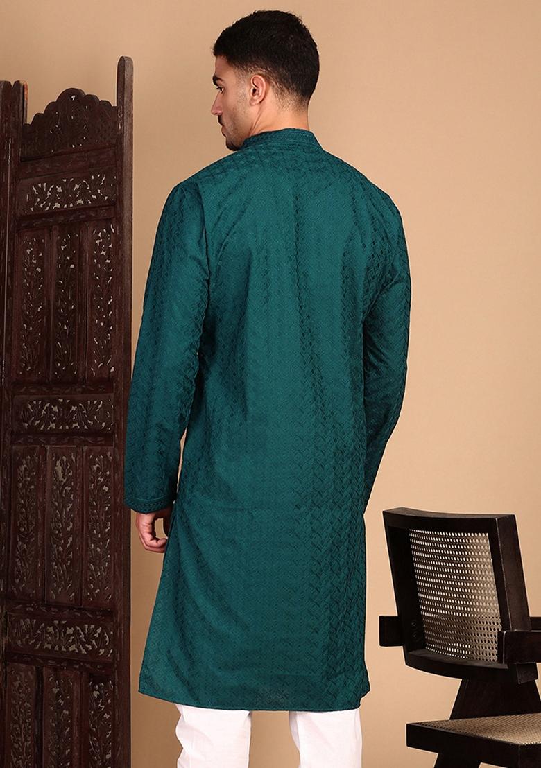 Firozi Blue Chikankari Rayon Kurta For Men