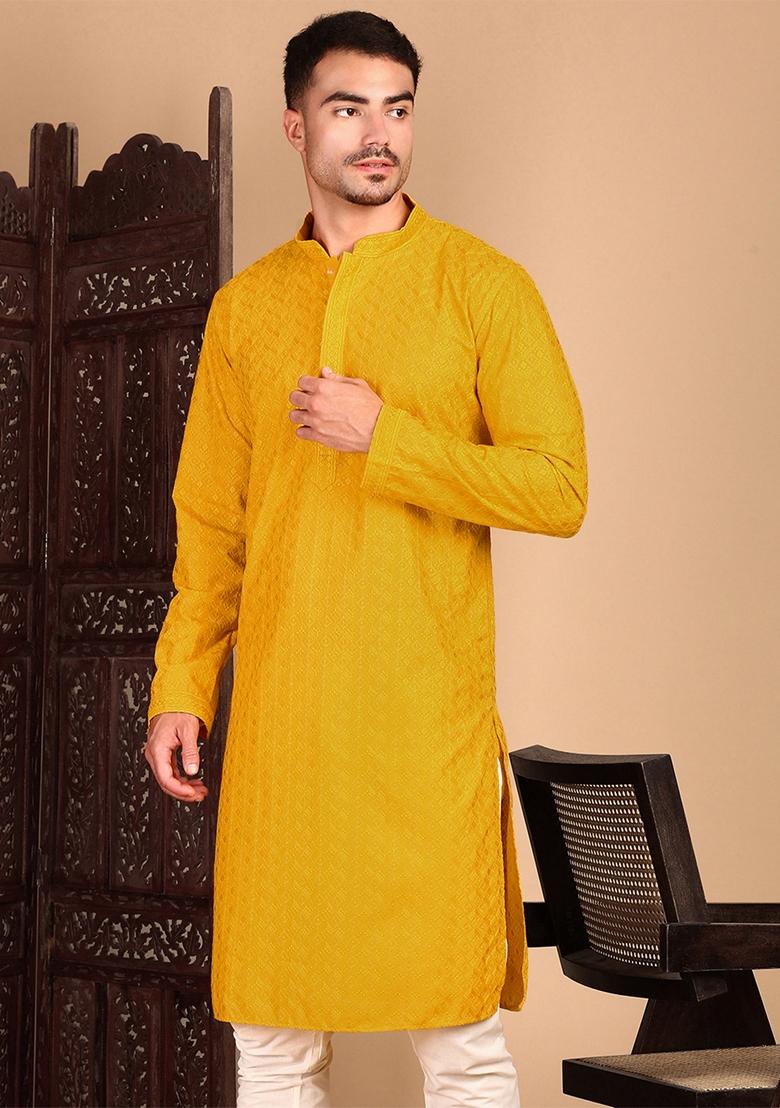 Mustard Yellow Chikankari Rayon Kurta For Men