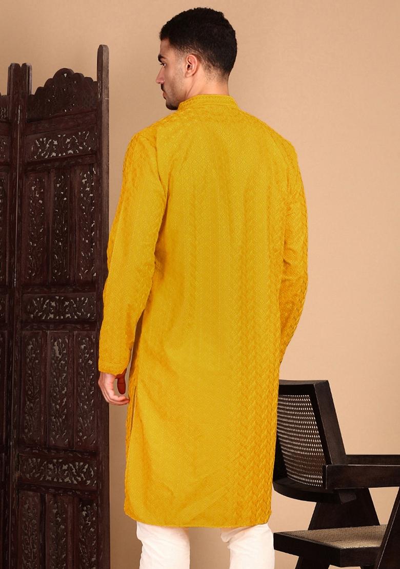 Mustard Yellow Chikankari Rayon Kurta For Men