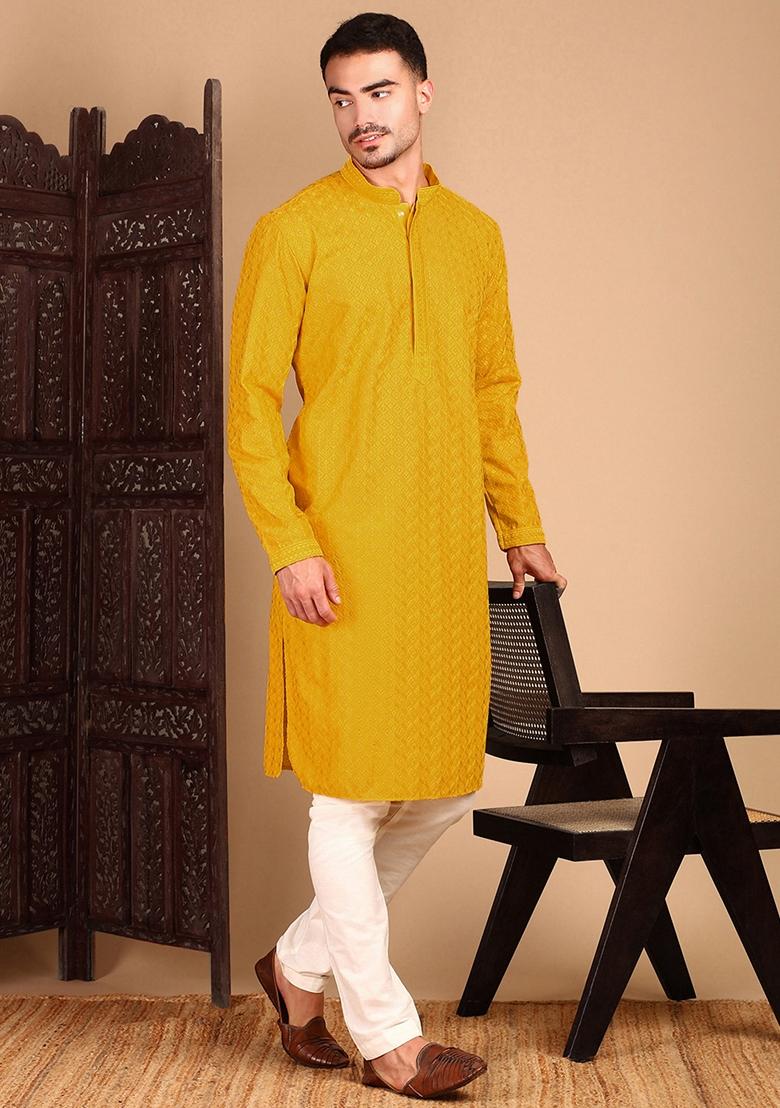 Mustard Yellow Chikankari Rayon Kurta For Men
