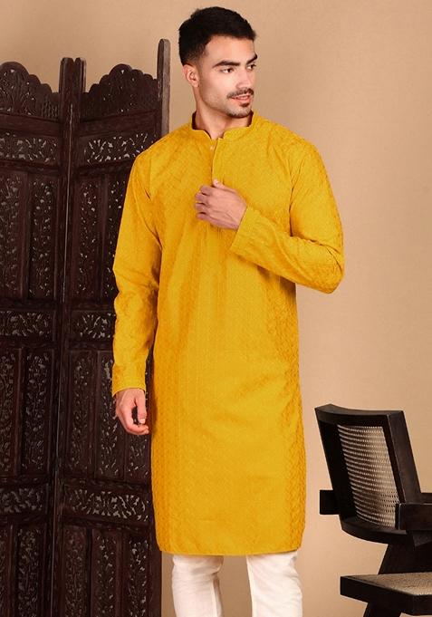 Mustard Yellow Chikankari Rayon Kurta For Men
