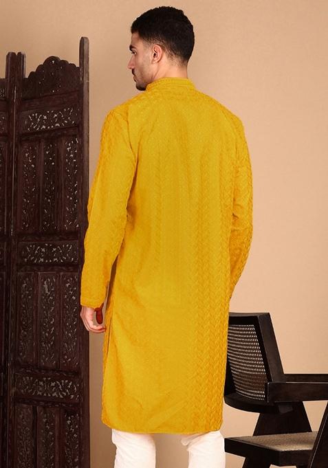 Mustard Yellow Chikankari Rayon Kurta For Men