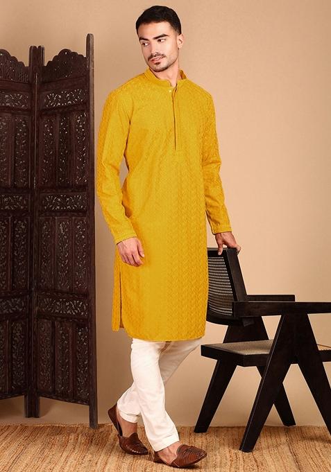 Mustard Yellow Chikankari Rayon Kurta For Men
