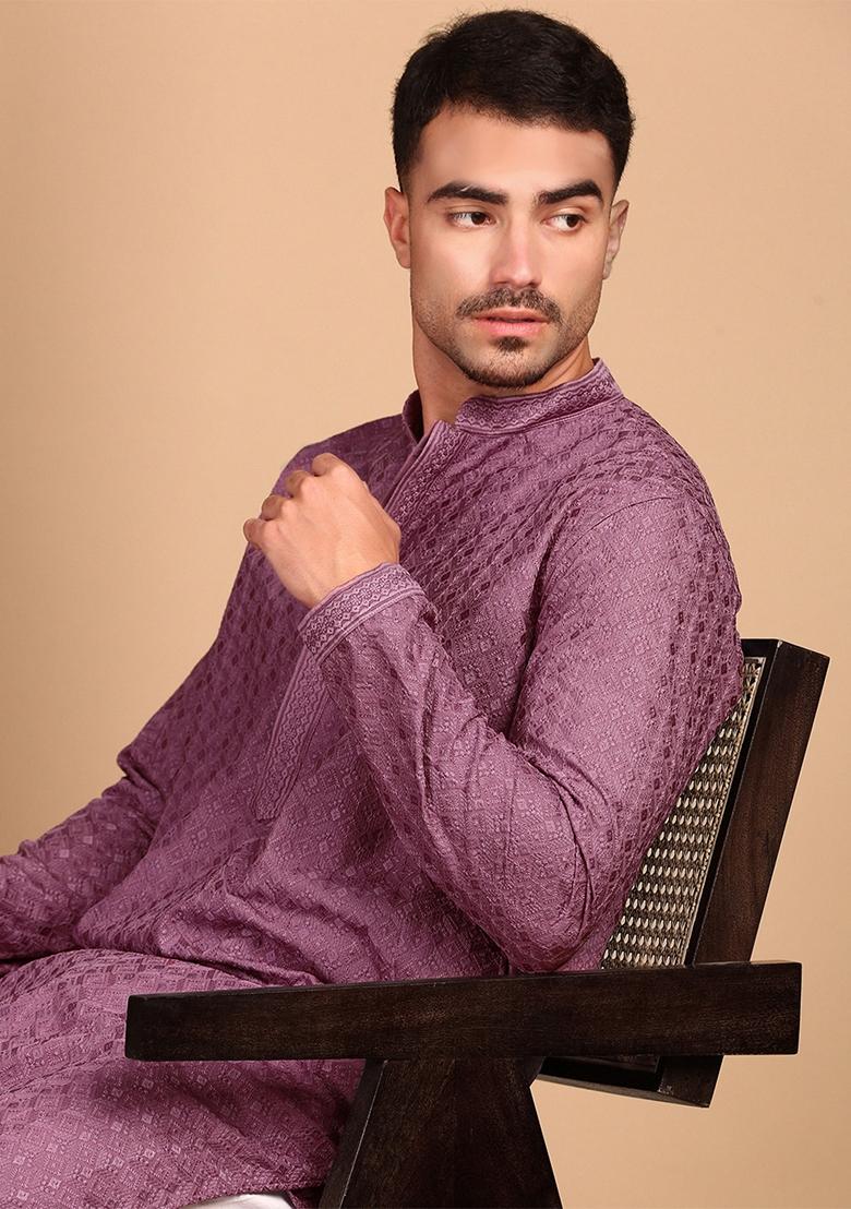 Mauve Chikankari Rayon Kurta For Men