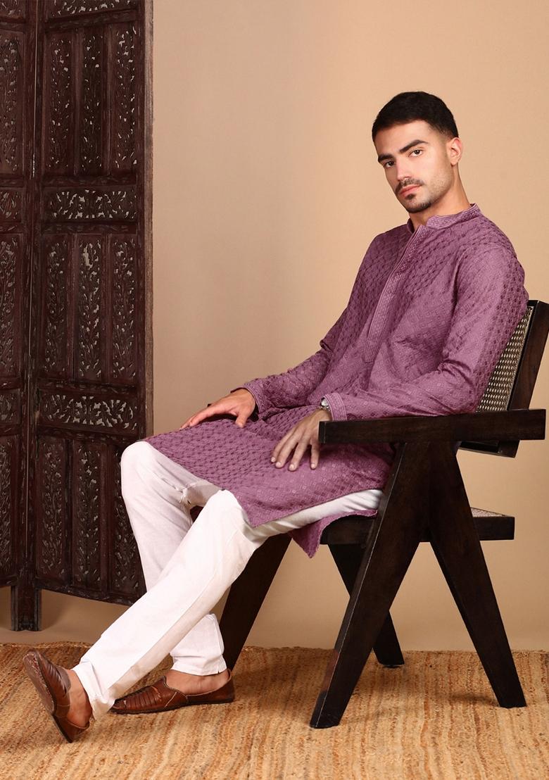 Mauve Chikankari Rayon Kurta For Men