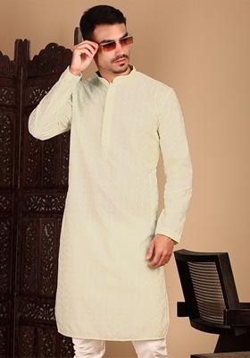 Off White Chikankari Rayon Kurta For Men