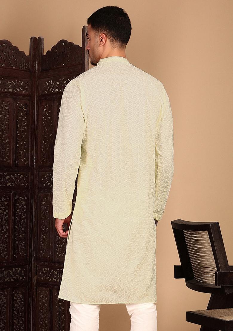 Off White Chikankari Rayon Kurta For Men