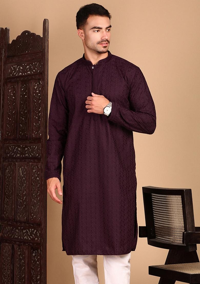 Wine Chikankari Rayon Kurta For Men