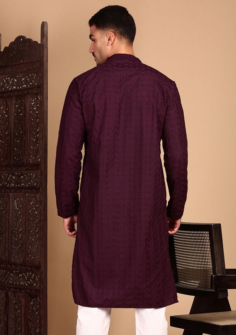 Wine Chikankari Rayon Kurta For Men