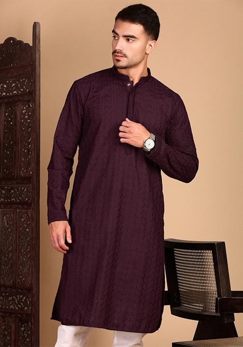 Wine Chikankari Rayon Kurta For Men