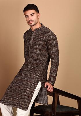 Brown Embroidered Cotton Kurta For Men