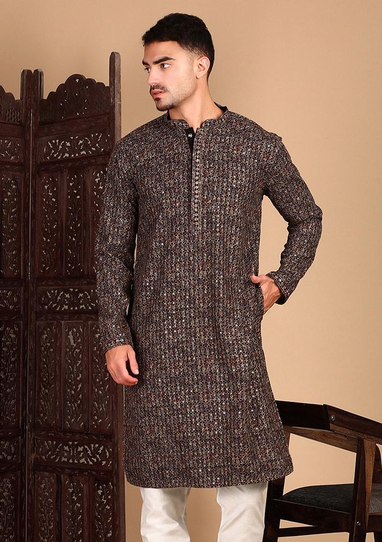 Brown Embroidered Cotton Kurta For Men