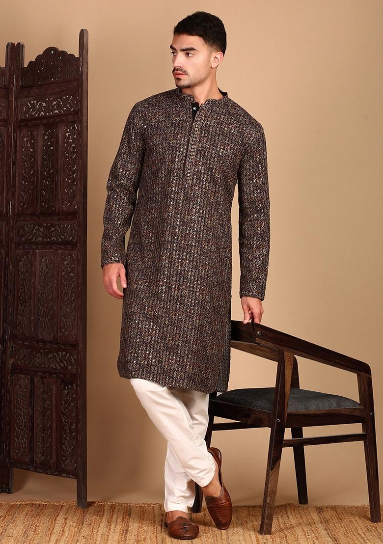 Brown Embroidered Cotton Kurta For Men