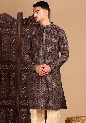 Deep Beige Embroidered Cotton Kurta For Men